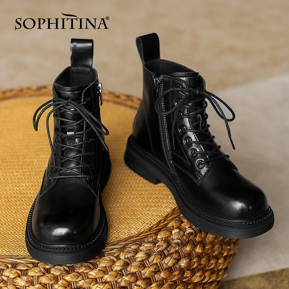 spesifikasi Sepatu Bot Wanita Kasual SOPHITINA Sepatu Bot Ujung Bundar Kulit Asli Hak Persegi Nyaman Sepatu Kantor Wanita Berenda Ritsleting HO257