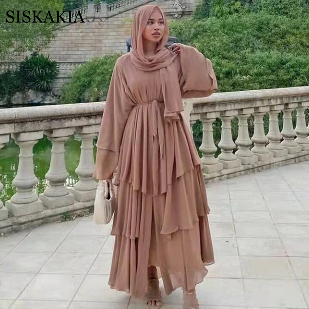 

Siskakia, трехслойное Шифоновое Платье макси с жемчужинами, однотонное, спереди, открытое кимоно с поясом, Abaya, Дубай, Марокко, мусульманская оде...
