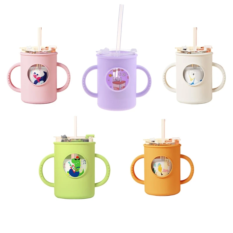 Anti-falling Baby Milk Cup with Straw Silicone Double Handle Sleeve Children Cup Q1FE