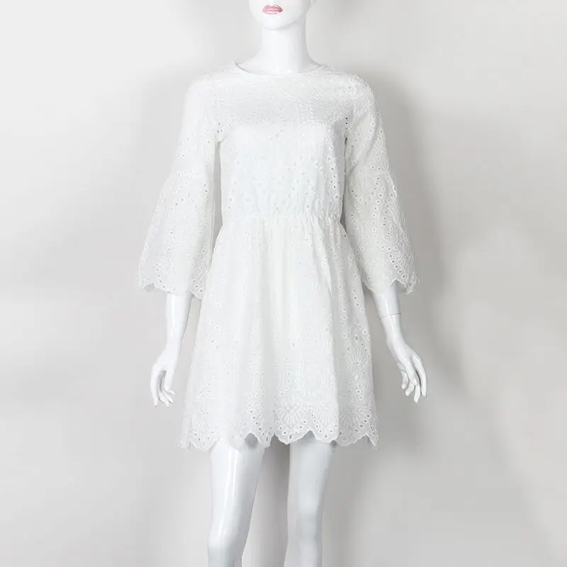 White Кружевное открытое летнее платье с оборками Kawaii мини-платья трапециевидной формы для девочек женское Повседневное платье с круглым вырезом и расклешенными рукавами размера плюс GV200 - Цвет: White