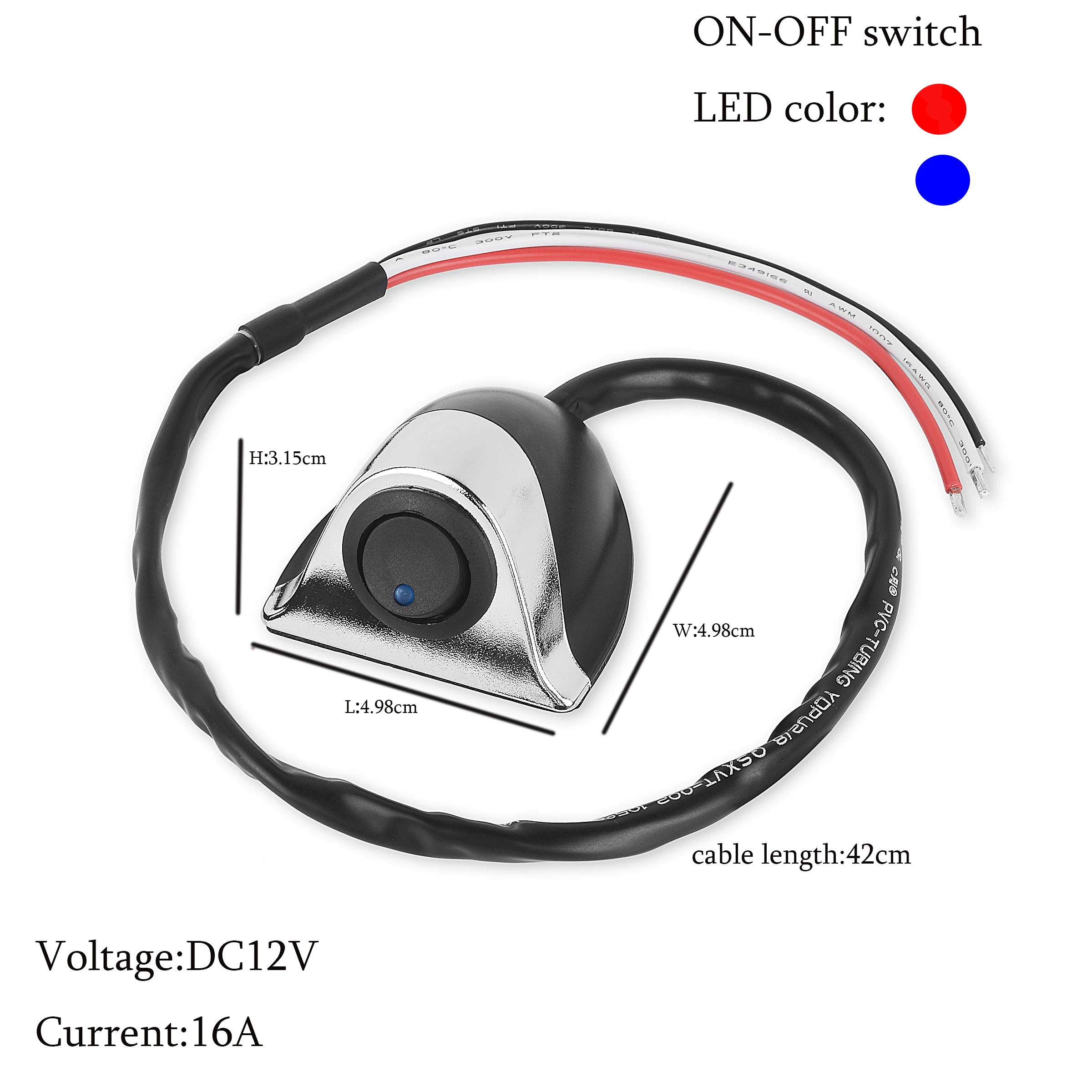 

DC12v 16A car rocker switch past type no need open hole install with cable 42cm red/blue led on-off switch