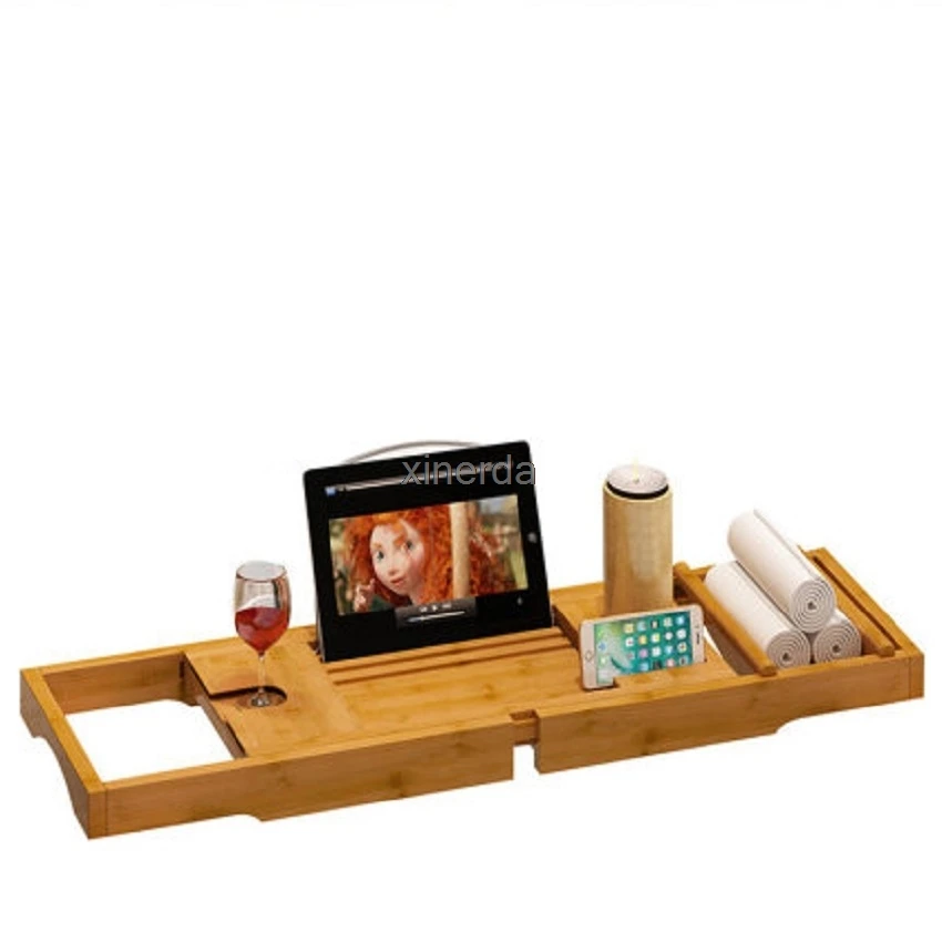 

2ASX Retractable Bathtub Rack Support Bamboo Bath Rack Antiskid Tub Caddy Tray Organizer Shelf Bridge Wine Glass Book Holder