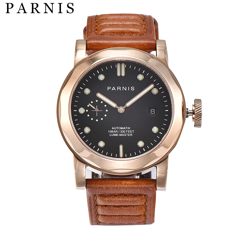 

Parnis 43mm Automatic Mechanical Watches Men Cowhide Leather Luminous 10ATM Calendar Wristwatch 2019 gift for man Luxury Brand