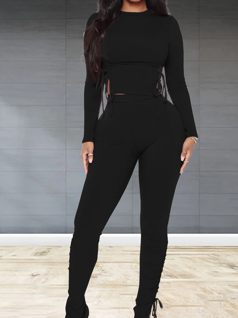 

Women's fitness and leisure ribbed solid color strap sports suit S9K0621