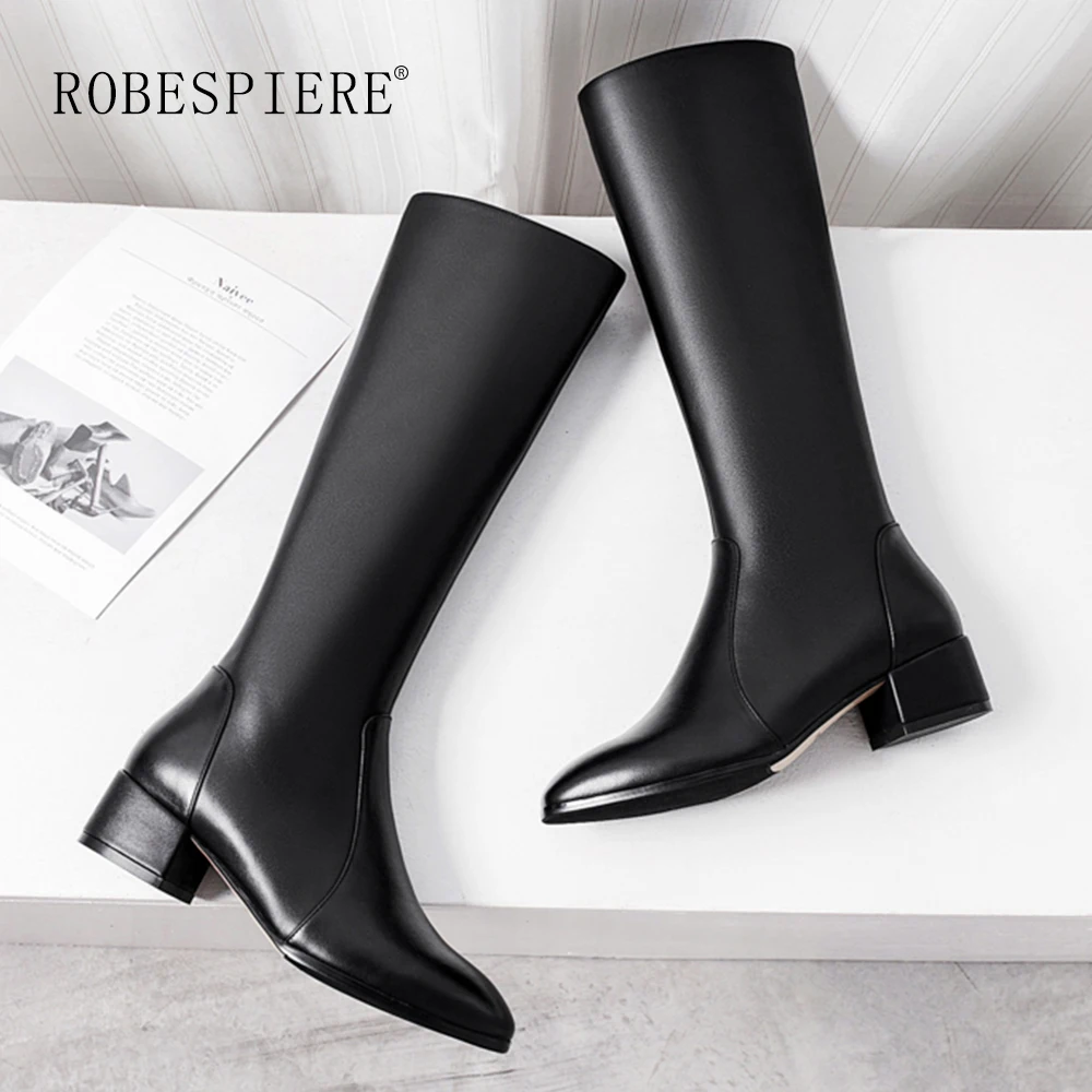 Женские сапоги до колена ROBESPIERE черные из натуральной кожи с круглым носком на