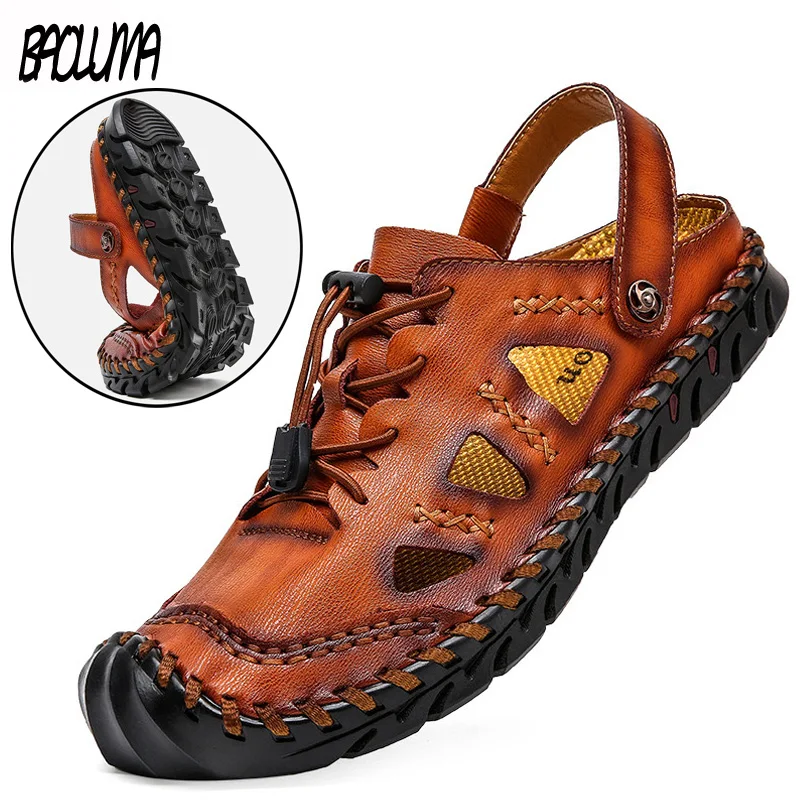 Сандалии мужские из натуральной кожи Мокасины летние пляжные римские сандалии