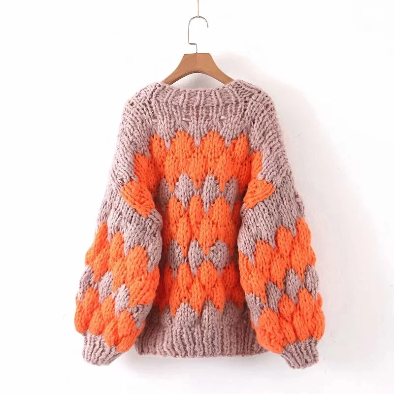 CHICEVER Hit Color Sweater For Women V Neck Lantern Long Sleeve Oversize Cardigans Female Autumn Winter Fashion New 2020 Clothes |