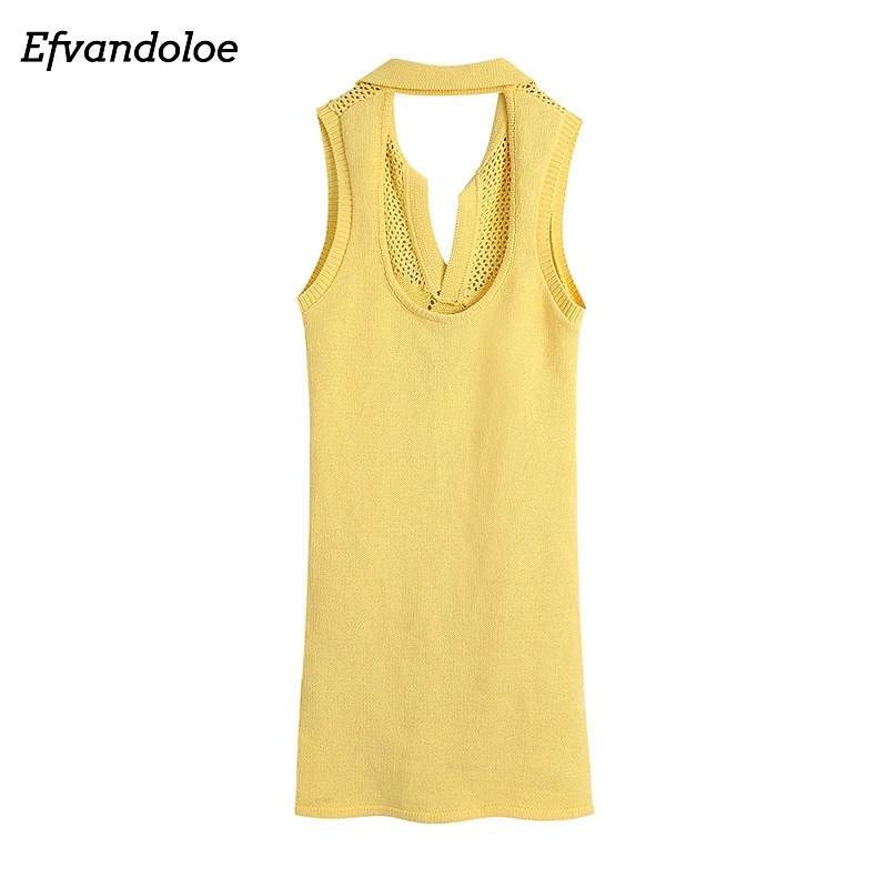 

Женское трикотажное платье с отложным воротником, желтое ажурное эластичное облегающее мини-платье с открытой спиной, 2021