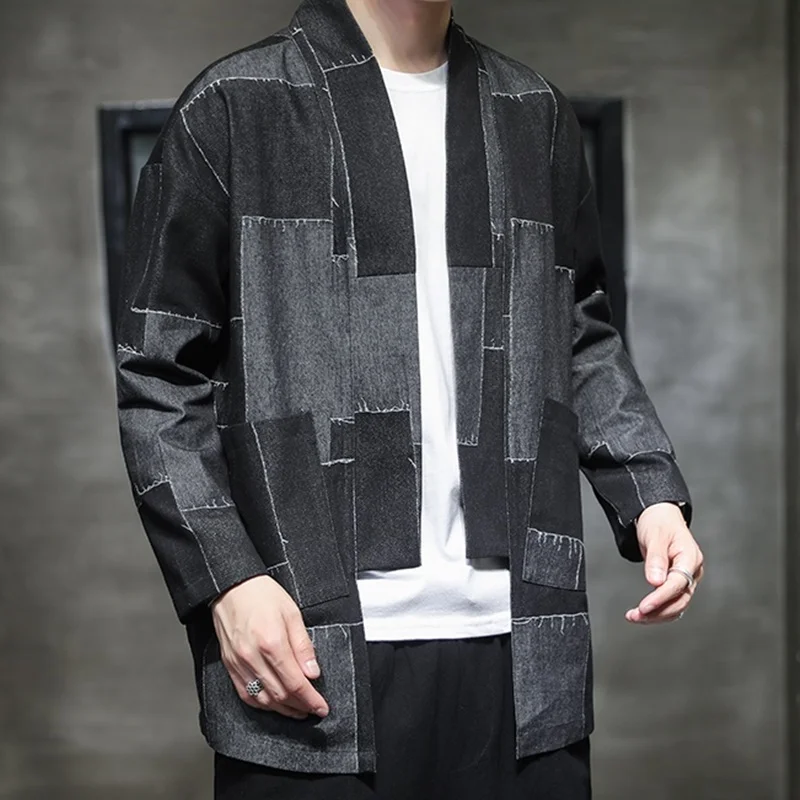 

Denim Patchwork Kimono Cardigan Men Japanese Male Yukata Men Haori Causal Samurai Clothing Traditional Streetwear Jacket FF3097