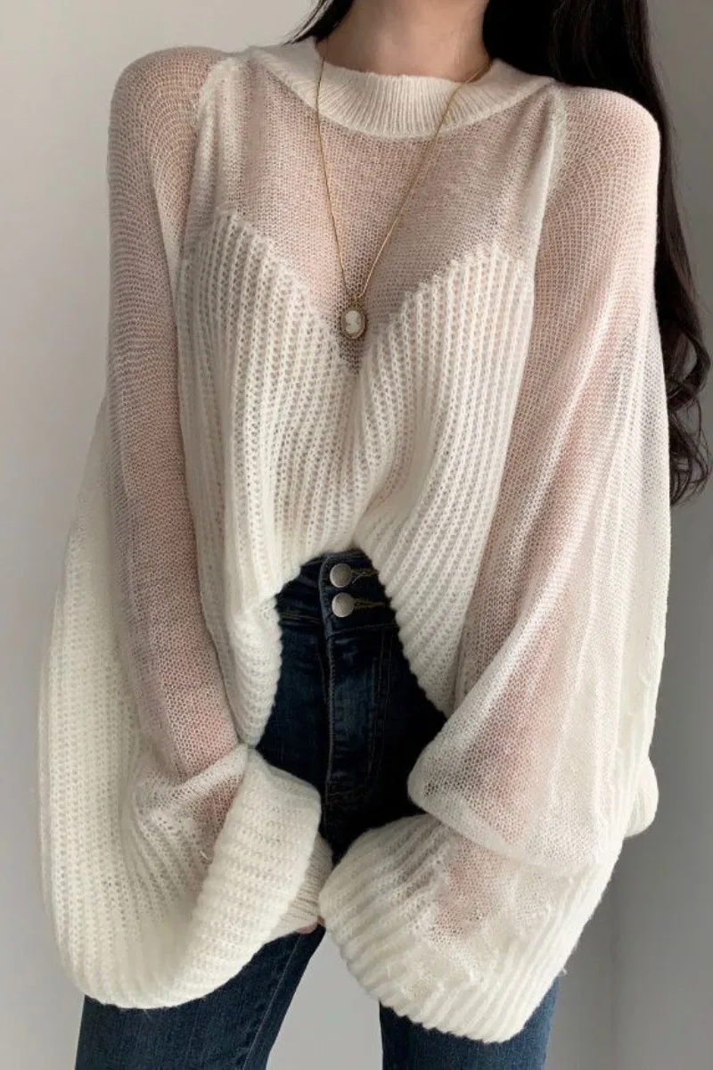 

SuperAen Spring 2021 New Hollow Out Knitwear Solid Loose Lantern Sleeve O Neck Woman Sweaters