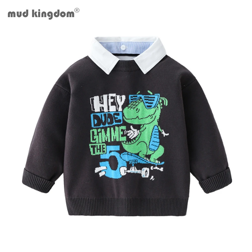 

Mudkingdom Boys Shirt Sweaters 2020 Long Sleeve Knitted Cartoon Animal Patchwork Removable Collar Boys Tops
