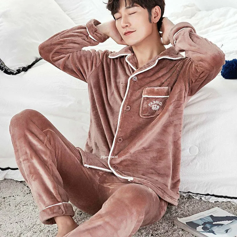 Новинка мужской пижамный комплект осенне зимняя теплая фланелевая утепленная