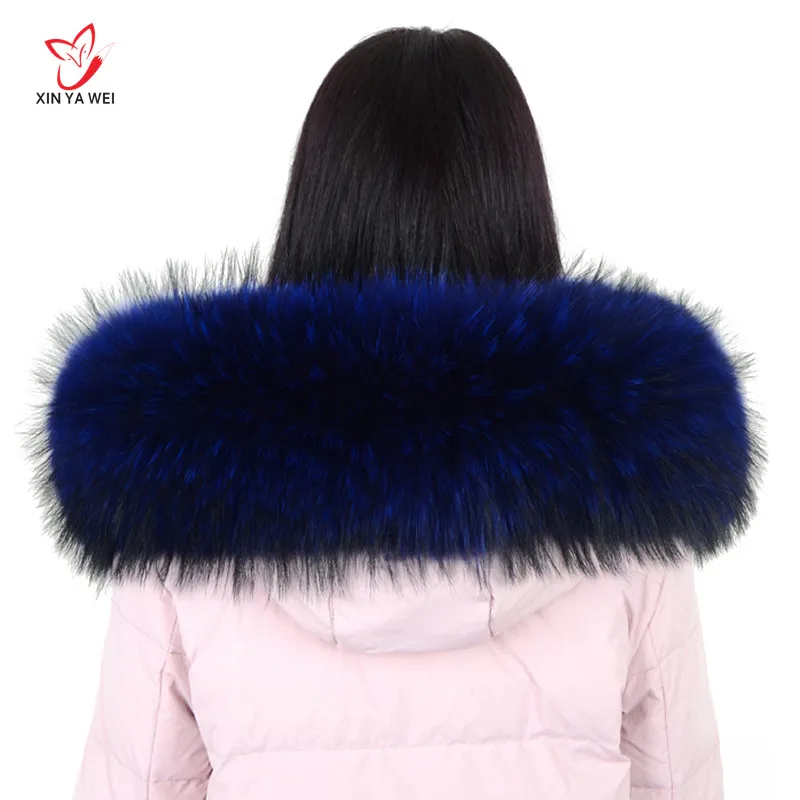 Royal blue Натуральная зимняя меховая куртка, настоящий воротник из меха енота, женские шарфы, пальто, женская шапка, длинный теплый шарф из натурального меха, большой размер - Цвет: Royal blue