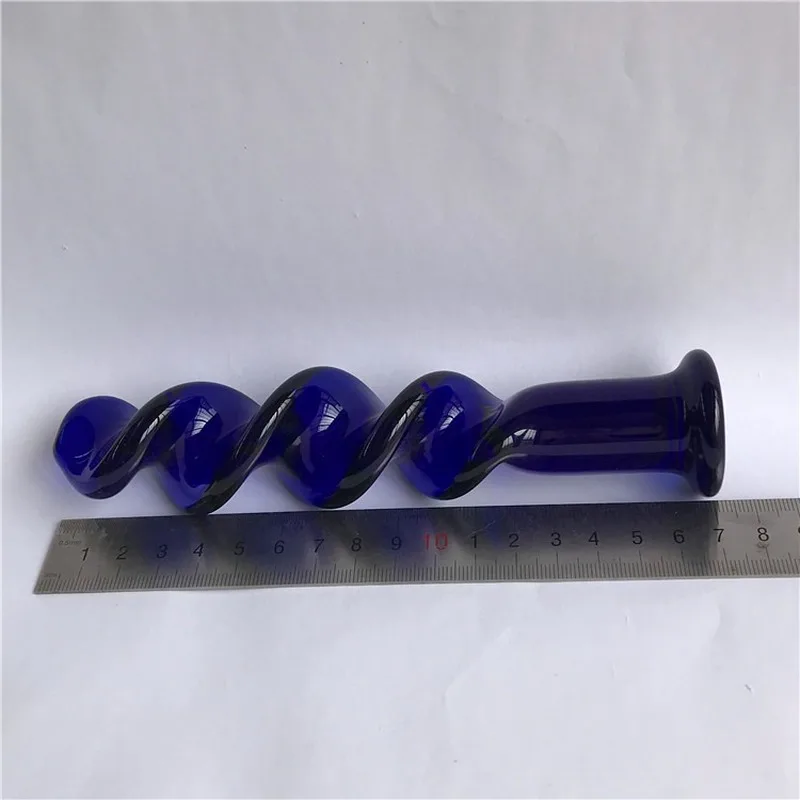 Стеклянный фаллоимитатор в форме спирали насыщенного синего цвета прозрачная