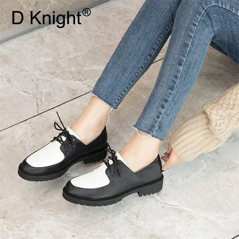 Женские оксфорды в британском стиле черные белые туфли из мягкой кожи на плоской