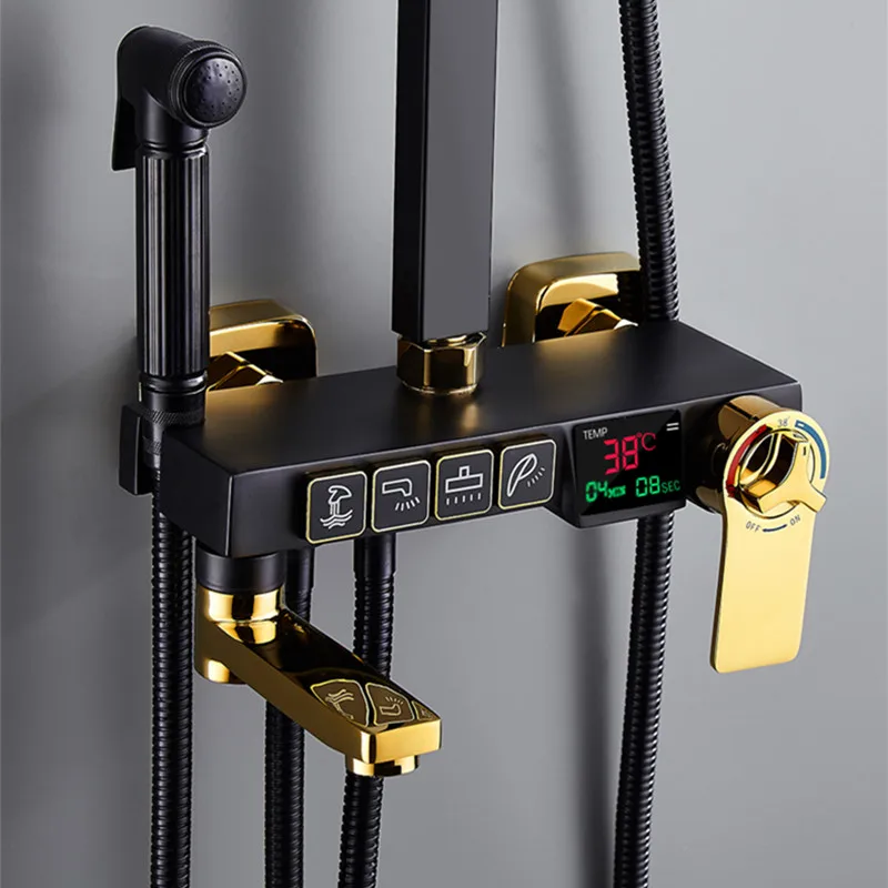 Термостатический набор для душа HUNNISE смеситель ванны черного и золотого цвета
