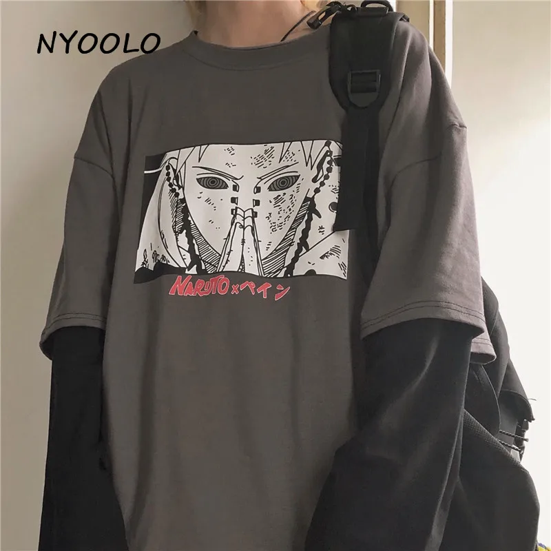 NYOOLO Harajuku Винтаж мультфильм Наруто печати поддельные 2 шт. Лоскутное Топ осень уличная одежда с длинным рукавом Футболка женская мужская одежда