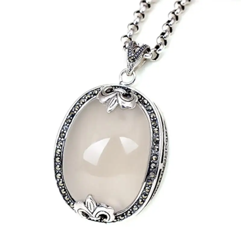 

S925 Sterling Silver Natural Chalcedony Black Agate Thailand Silver Pendant Retro Fashion All-Match Sweater Chain Necklace Penda