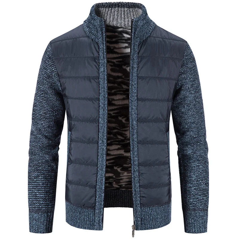 Зимнее пальто Новый мужской свитер кардиган на молнии в стиле пэчворк теплый