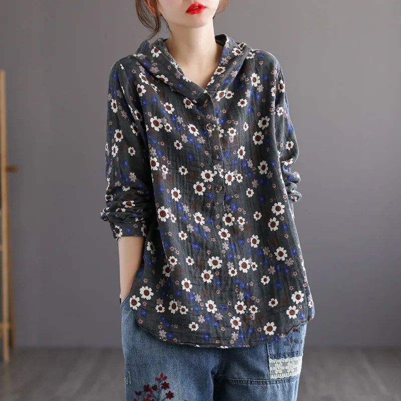 

Max LuLu Spring New Korean Fashion Clothing Ladies Floral Hooded Shirts Women Casual Vintage Blouses Loose Printed Tops Big Size