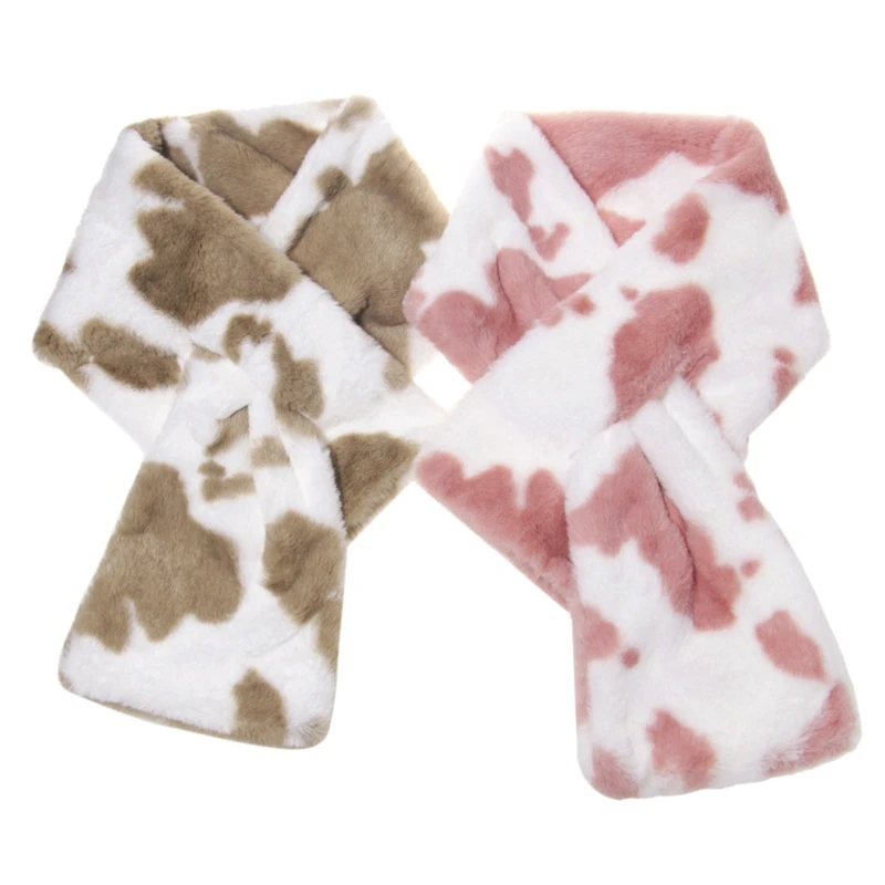 

3 Piece Unisex Winter Fluffy Plush Beanie Skull Hat with Scarf Set Cow Printed Windproof Thicken Snow Ski Neck Warmer