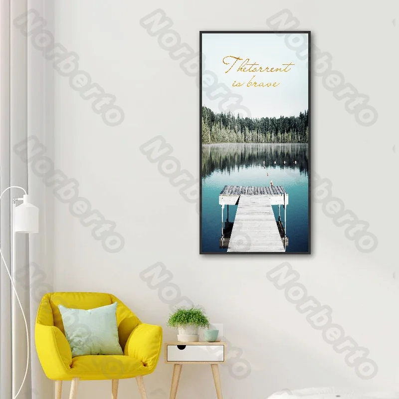 

Natural Scenery Canvas Painting Poster Blue Water In The River Thick Forest White Bridge for Living Room Bedroom Decoration