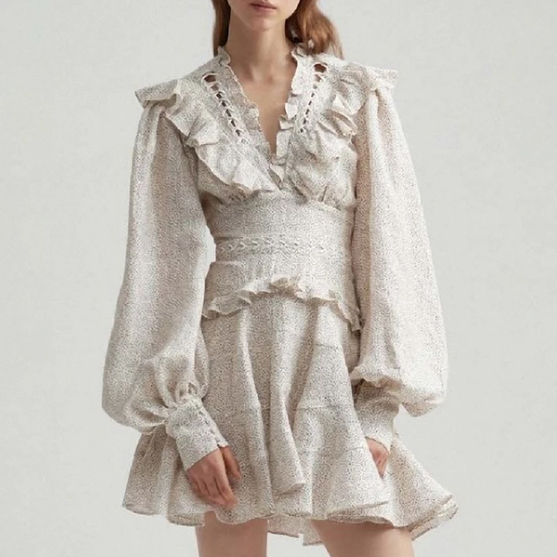 Летнее винтажное платье женское точечный фонарь рукав с оборкой высокой