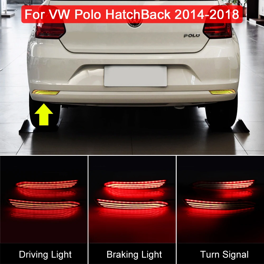 LED Rear Bumper Reflector Lamp Dynamic Turn Signal Tail Brake Light Warning Light For VW Polo HatchBack 2014 2015 2016 2017 2018