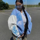 Куртка-бомбер свободного кроя FSDA, модель сезона осень-зима 2021 года, синяя бейсбольная куртка-бомбер с вышивкой в стиле ретро