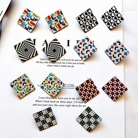 korean colorful plaid square heart stud earrings for women vintage black white pattern grid stripe earrings party jewelry gifts