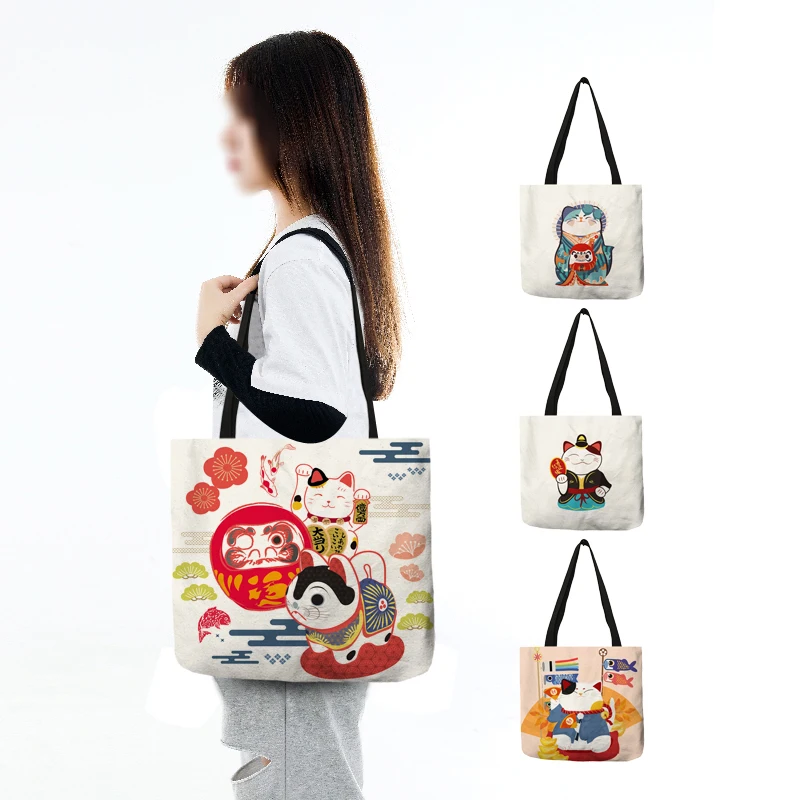 Bolso de mano con diseño de gato de la suerte para mujer, bolsa de compras de estilo japonés para