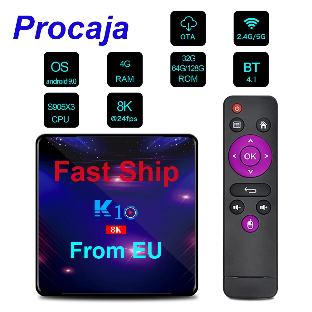 Procaja K10 Android 9 0 Смарт ТВ бокс TV Box 4 Гб RAM 32/64/128 ГБ ROM S905X3 Четырехъядерный 4K HDMI2.1 1000M