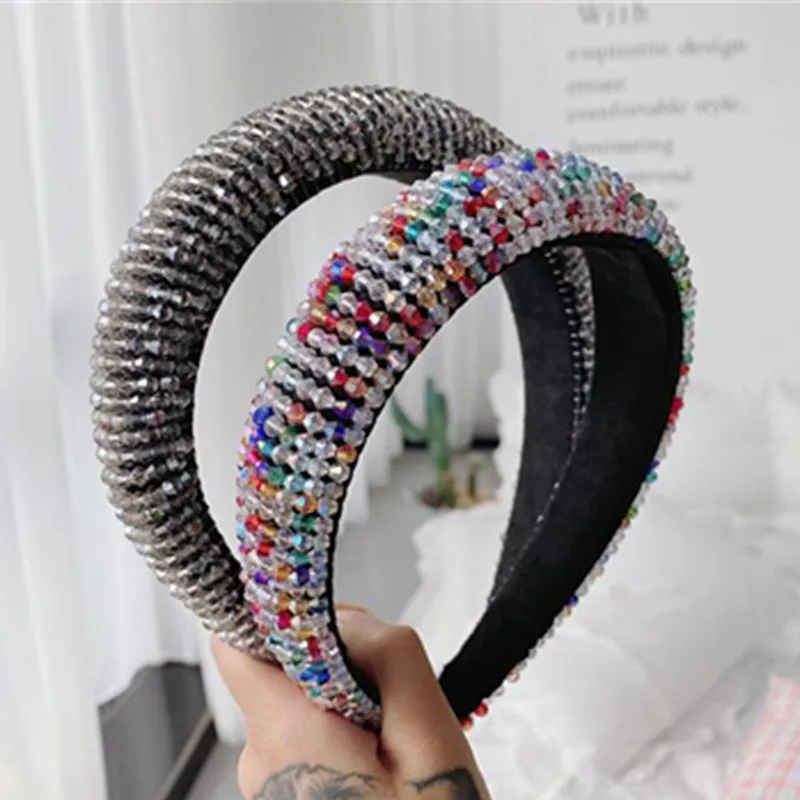 

2020 Fashion Show Headdress Weaving Crystals Beads Hairband European Trendy Full Crystals Padded Headband Ladies Thick Hairband