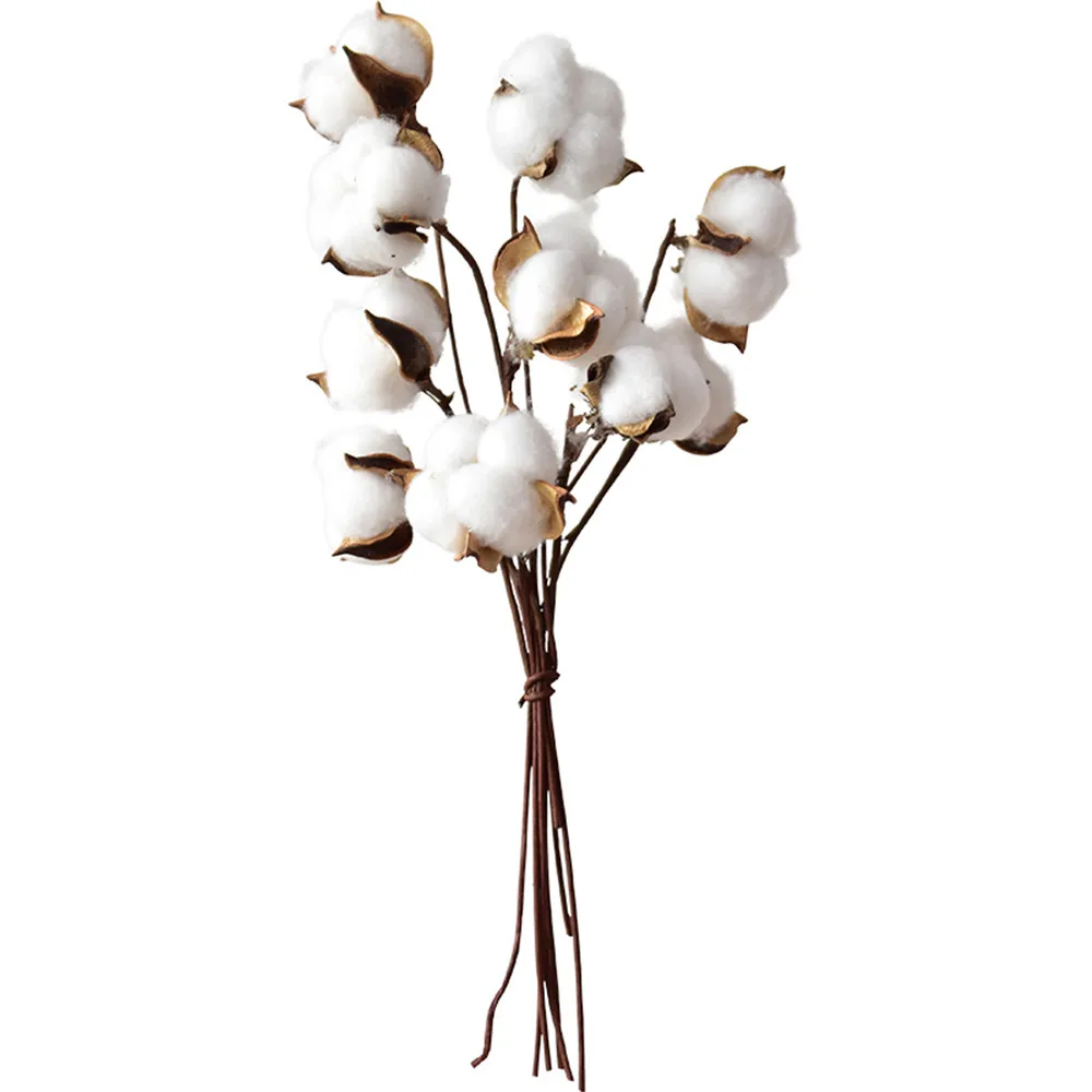 

9pcs/Lot 5 Head Natural Dried Cotton Flower Artificial Plants Floral Branch For Wedding Party Decoration Fake Flowers Home Decor