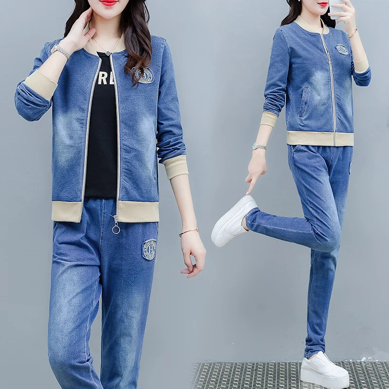 Женский джинсовый костюм из двух предметов повседневный большого размера весна