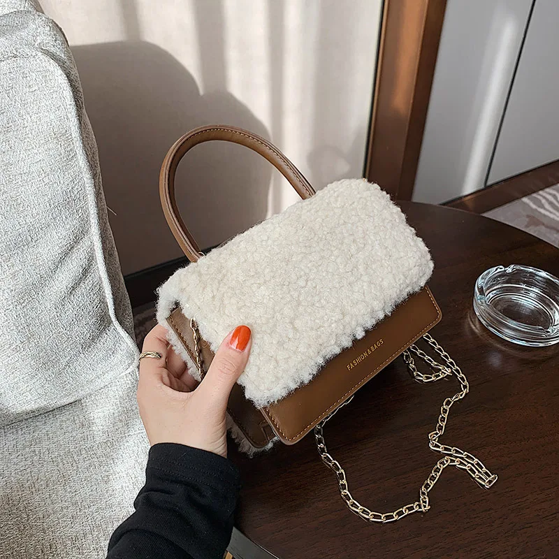 

New Luxury Winter Female Shoulder Bag Faux Fur Crossbody Bags For Women Top Handled Plaid Women's PU Leather Handbags And Purses