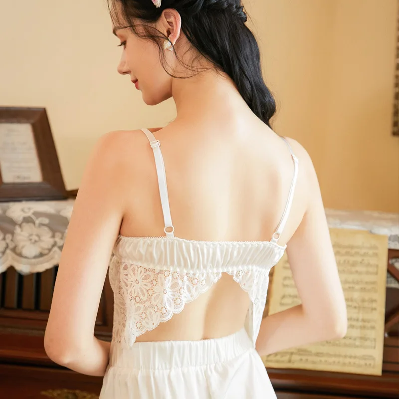 

Vintage Pajama Robe Sets Women Nightwear Sexy Lace Sleep Tops Bottoms Pants Silk Robe Sleepwear White Pijamas Fairy Lounge Wear