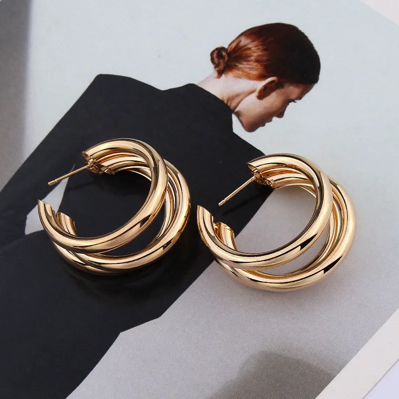 Gold 3 Row Circle Hoop Earrings C Shaped Triple Open Hoops Minimalist Simple Jewelry Accessories | Украшения и аксессуары