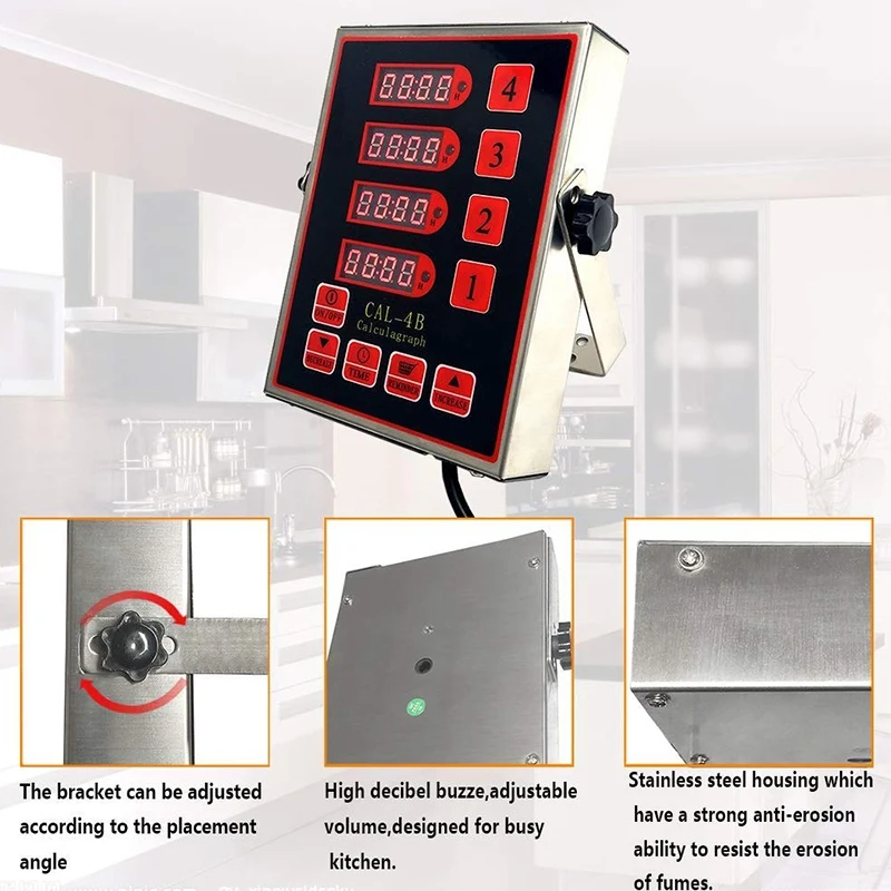 US Plug Commercial 4 Channel Kitchen Timer Restaurant Loud Alarm Adjustable Cooking Reminder Stainless Steel Clear LED Di | Инструменты