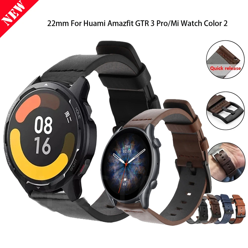 

Ремешок кожаный для наручных часов, браслет для Huami Amazfit GTR 3 Pro/GTR 2 2e/47 мм, быстрая установка, аксессуары для Xiaomi Watch Color 2, 22 мм