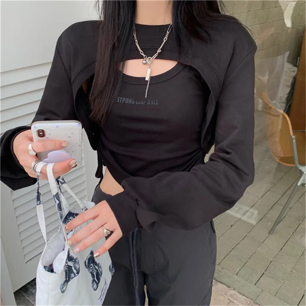 

Sexy Girl T Shirts Long Sleeve Vest Cover Up Two Piece Sets 2021 Fashion Streetwear Y2K Crop Tops Women Korean Female Clothing