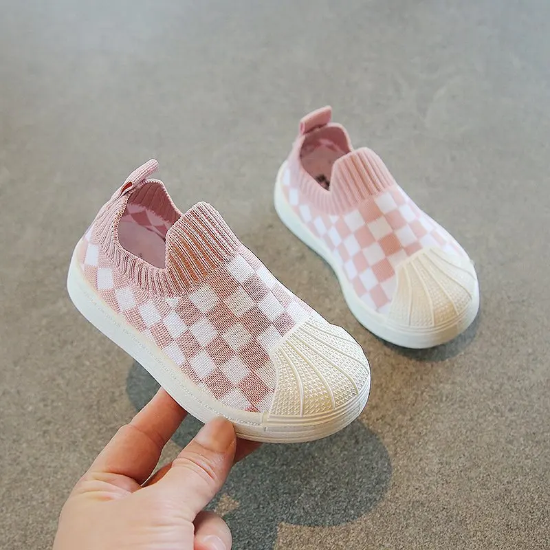 

Baby Girls Boys Casual Shoes Spring Infant Toddler Knitted Shoes Breathable Soft Bottom Non-slip Plaid Children Kids Sneakers