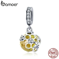bamoer trendy 925 sterling silver honeycomb bee pendant yellow cz cubic zircon charm fit charm bracelet diy jewelry scc879
