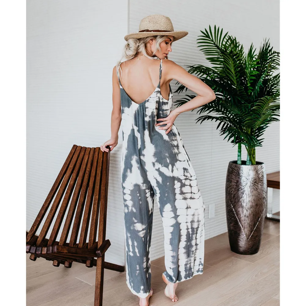 

Women Sleeveless Tie-dye Beach Jumpsuit Casual Loose Straps 2021 Summer Homewear Beach Vacation High Street Romper Overalls