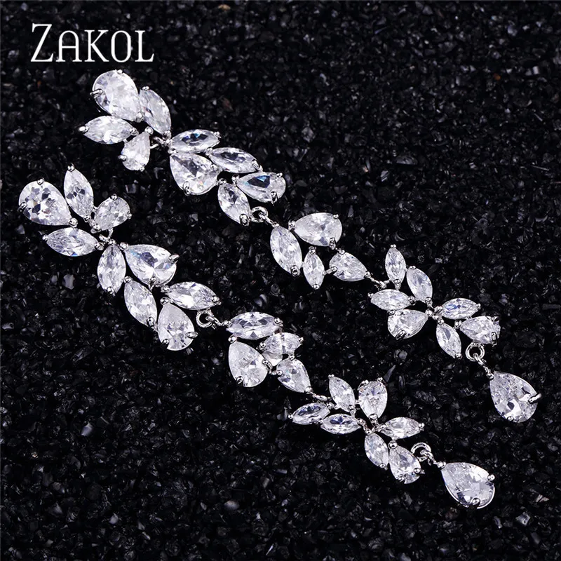 ZAKOL Роскошные AAA фианиты великолепный цветок длинные висячие серьги для женщин