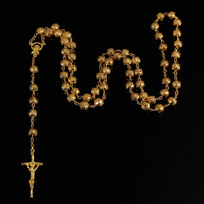 

150 pieces / Catholic 8mm high quality imitation gold hollow rosary necklace. Star Maria Christ's Cross Prayer Necklace.
