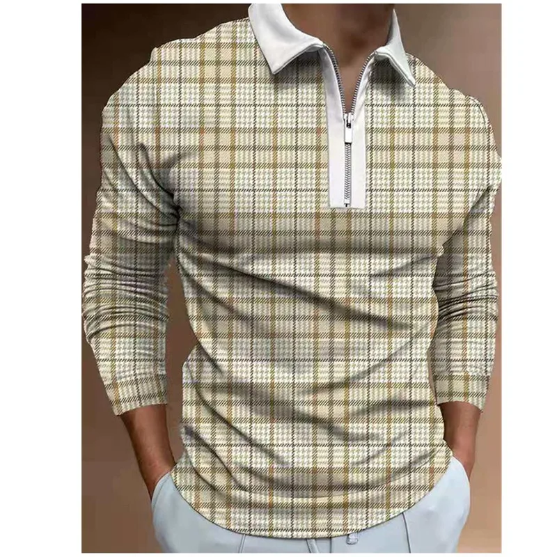 

Мужская модная рубашка-поло, рубашка-поло на молнии с отложным воротником и сетчатым узором, рубашка-поло с длинным рукавом, мужская повседн...