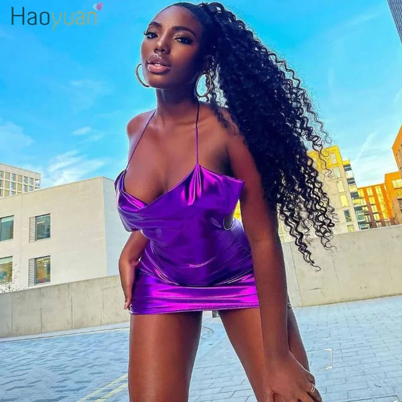 

HAOYUAN Sexy Purple Red Pu Leather Birthday Dress Stage Club Outfit Rave Y2k Backless Bodycon Mini Dresses for Women Party Wear