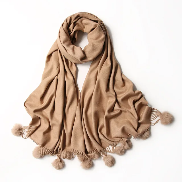 Dark Khaki Теплые, зимние, шерстяные кашемировые помпоны, шарф, розовый толстый с кроличьим меховым шаром, пашмины, большой палантин, Дамская шаль, акриловый шарф - Цвет: Dark Khaki