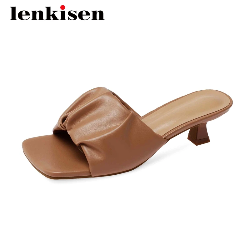 

Lenkisen new european style pleated gorgeous square toe med strange heel mules slip on beauty lady daily wear summer sandals L18